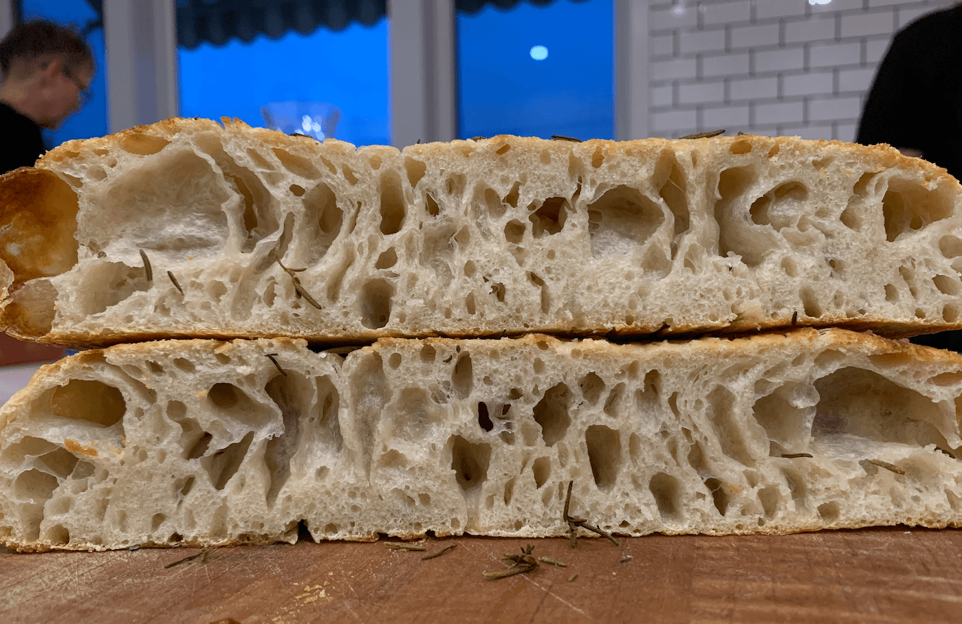Sourdough focaccia cross-section showing open crumb